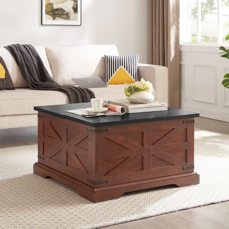Table basse carrée en bois – Dotée d'un espace de rangement dissimulé et d'un plateau relevable à charnière, pour un style champêtre rustique.