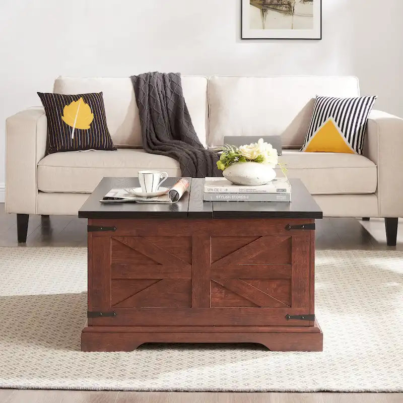 Table basse carrée en bois – Dotée d'un espace de rangement dissimulé et d'un plateau relevable à charnière, pour un style champêtre rustique.