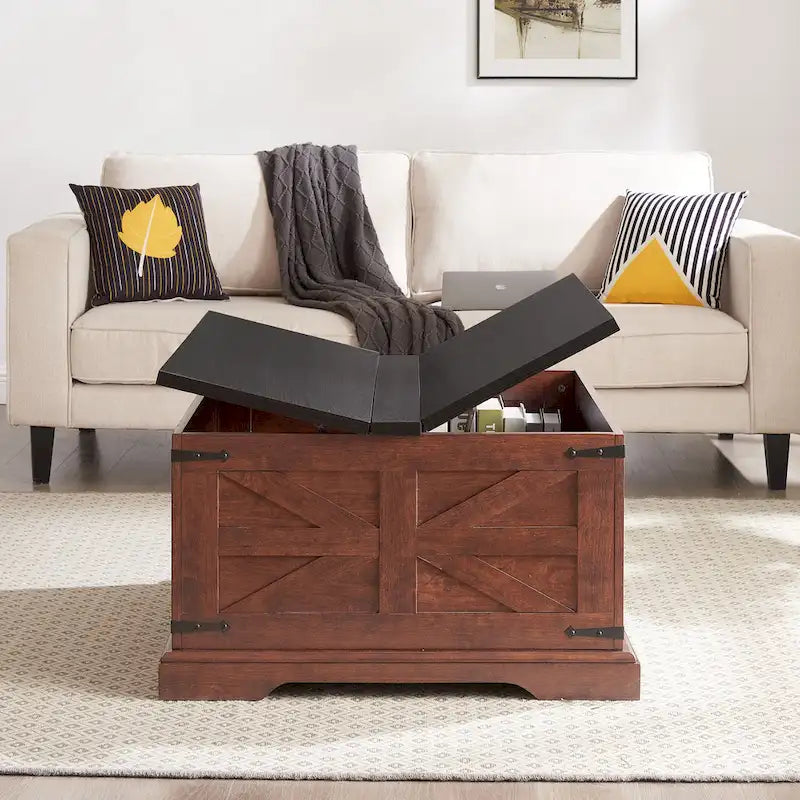 Table basse carrée en bois – Dotée d'un espace de rangement dissimulé et d'un plateau relevable à charnière, pour un style champêtre rustique.