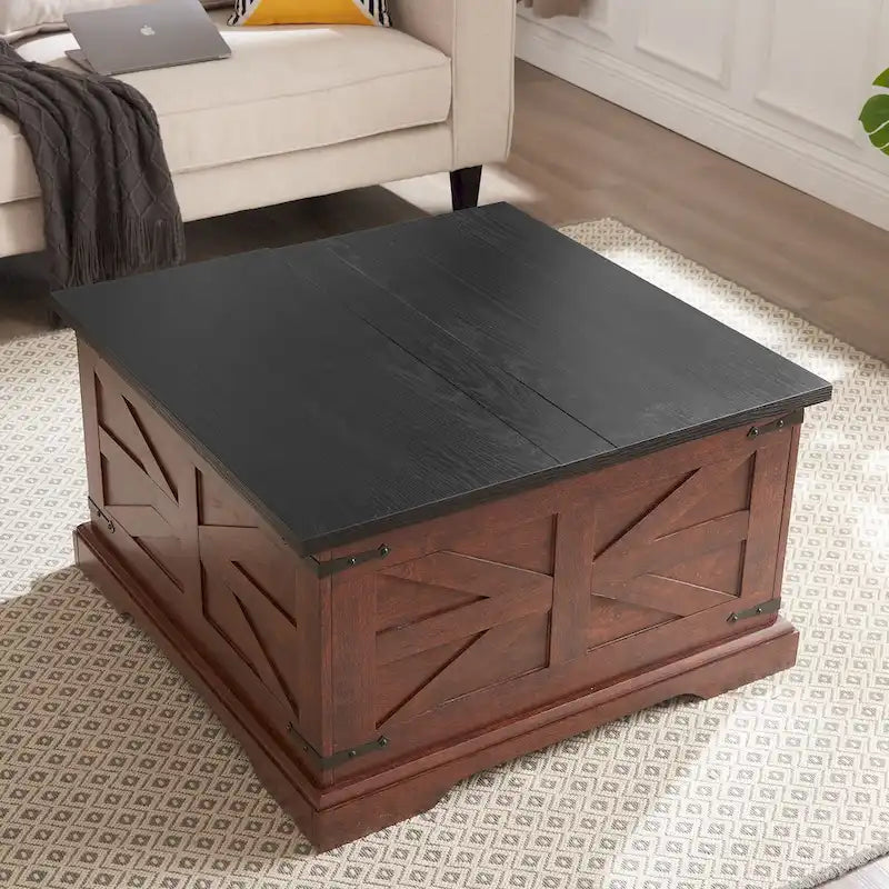 Table basse carrée en bois – Dotée d'un espace de rangement dissimulé et d'un plateau relevable à charnière, pour un style champêtre rustique.