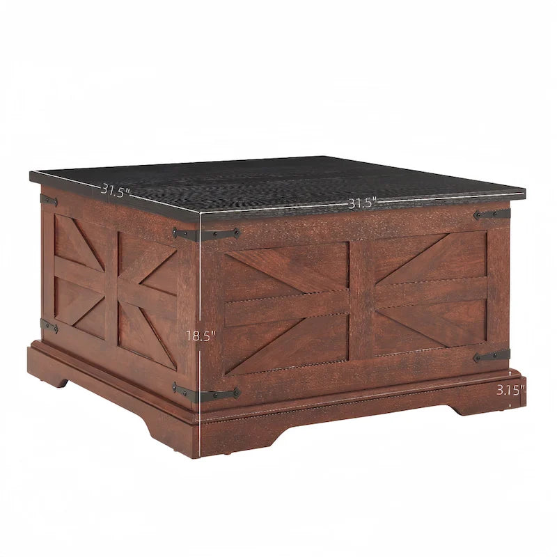 Table basse carrée en bois – Dotée d'un espace de rangement dissimulé et d'un plateau relevable à charnière, pour un style champêtre rustique.