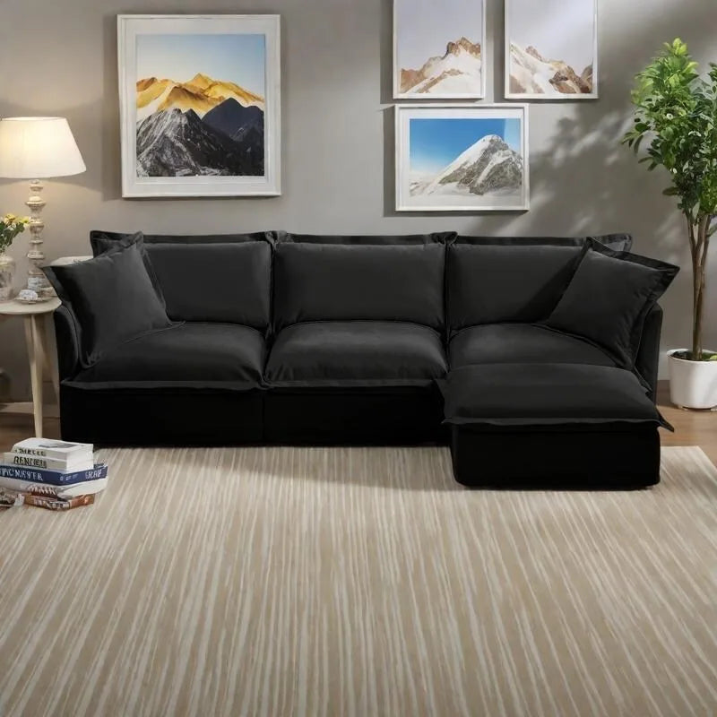 Canapé d'angle en velours chenille en forme de L « nuage »