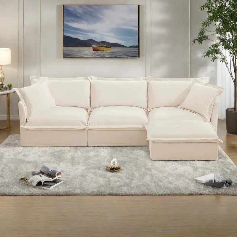 Canapé d'angle en velours chenille en forme de L « nuage »