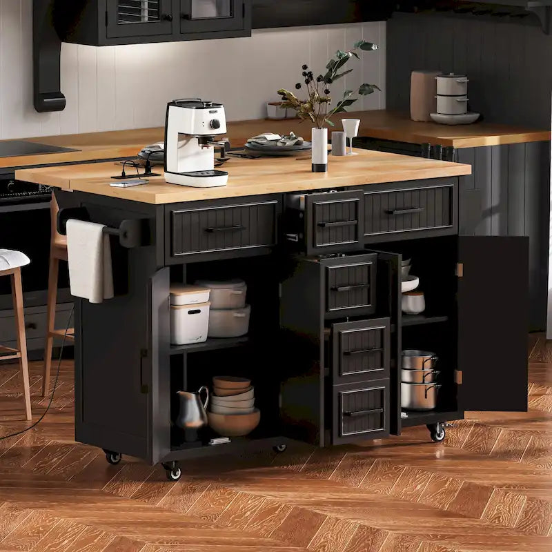 Desserte de cuisine roulante — avec un comptoir rabattable et des prises électriques ; îlot de cuisine de 143,5 cm avec 4 portes d'armoire et 5 tiroirs profonds