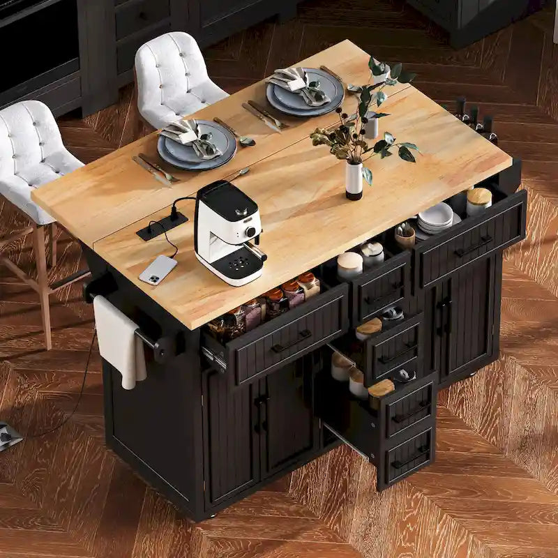 Desserte de cuisine roulante — avec un comptoir rabattable et des prises électriques ; îlot de cuisine de 143,5 cm avec 4 portes d'armoire et 5 tiroirs profonds