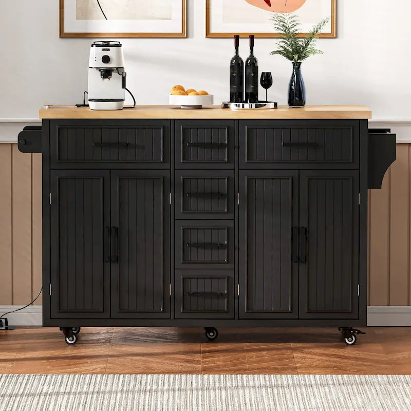 Desserte de cuisine roulante — avec un comptoir rabattable et des prises électriques ; îlot de cuisine de 143,5 cm avec 4 portes d'armoire et 5 tiroirs profonds