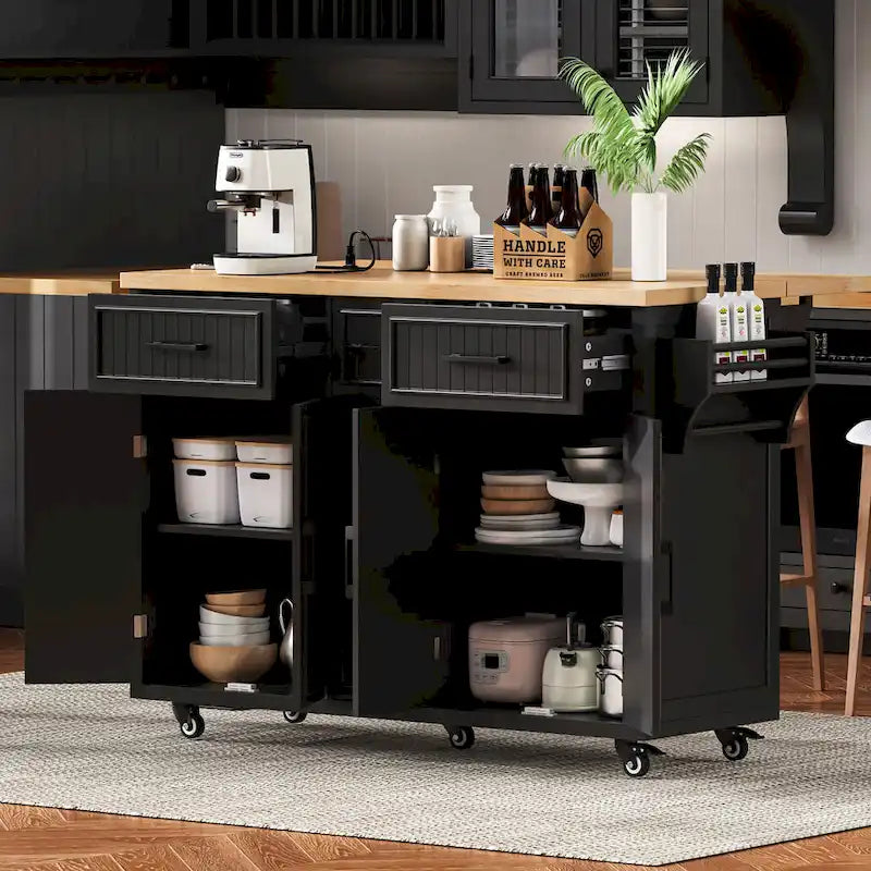 Desserte de cuisine roulante — avec un comptoir rabattable et des prises électriques ; îlot de cuisine de 143,5 cm avec 4 portes d'armoire et 5 tiroirs profonds