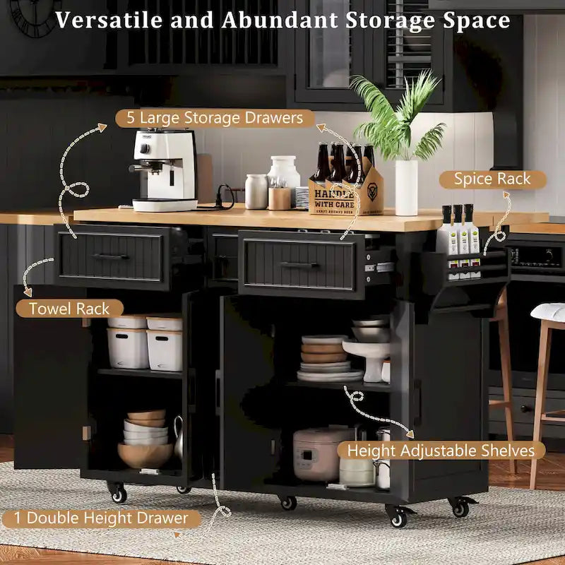 Desserte de cuisine roulante — avec un comptoir rabattable et des prises électriques ; îlot de cuisine de 143,5 cm avec 4 portes d'armoire et 5 tiroirs profonds