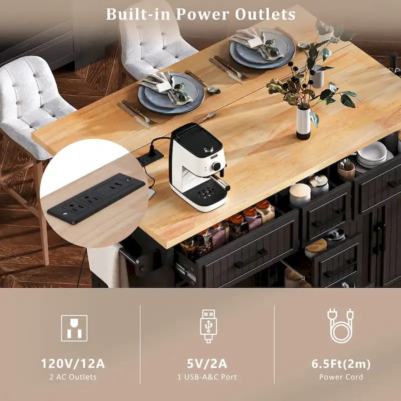 Desserte de cuisine roulante — avec un comptoir rabattable et des prises électriques ; îlot de cuisine de 143,5 cm avec 4 portes d'armoire et 5 tiroirs profonds
