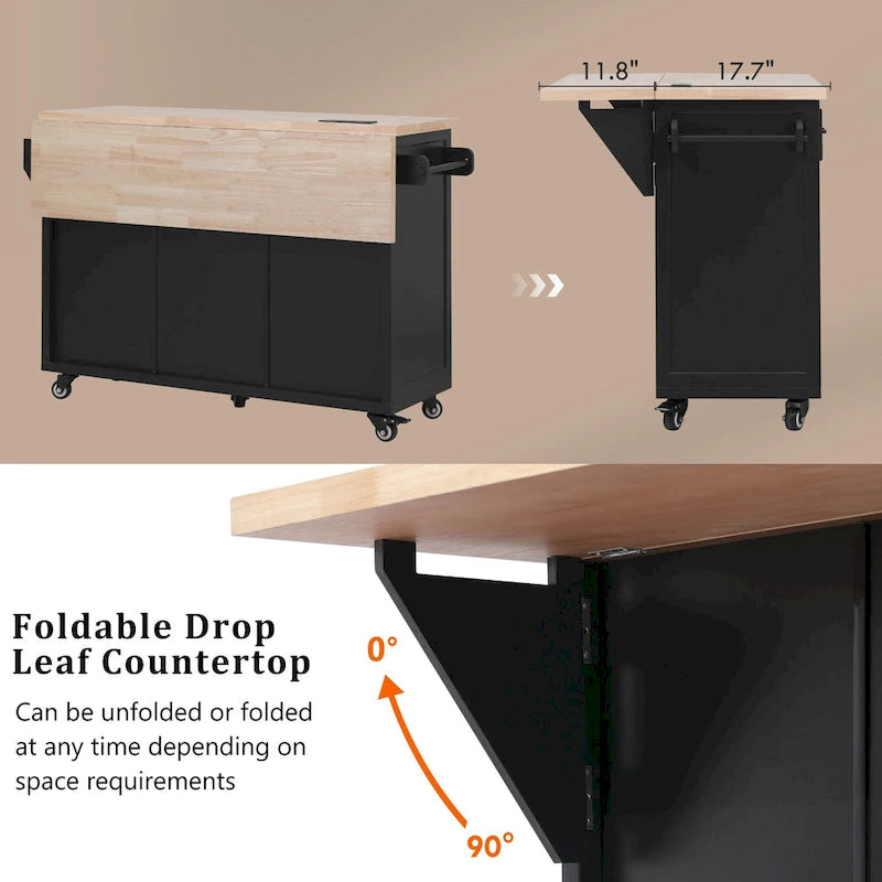 Desserte de cuisine roulante — avec un comptoir rabattable et des prises électriques ; îlot de cuisine de 143,5 cm avec 4 portes d'armoire et 5 tiroirs profonds