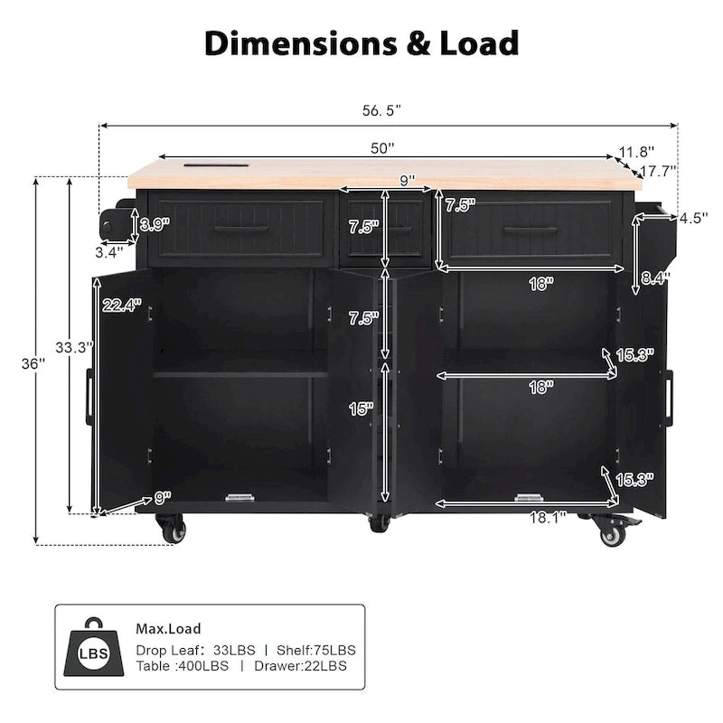 Desserte de cuisine roulante — avec un comptoir rabattable et des prises électriques ; îlot de cuisine de 143,5 cm avec 4 portes d'armoire et 5 tiroirs profonds