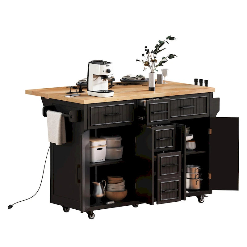 Desserte de cuisine roulante — avec un comptoir rabattable et des prises électriques ; îlot de cuisine de 143,5 cm avec 4 portes d'armoire et 5 tiroirs profonds