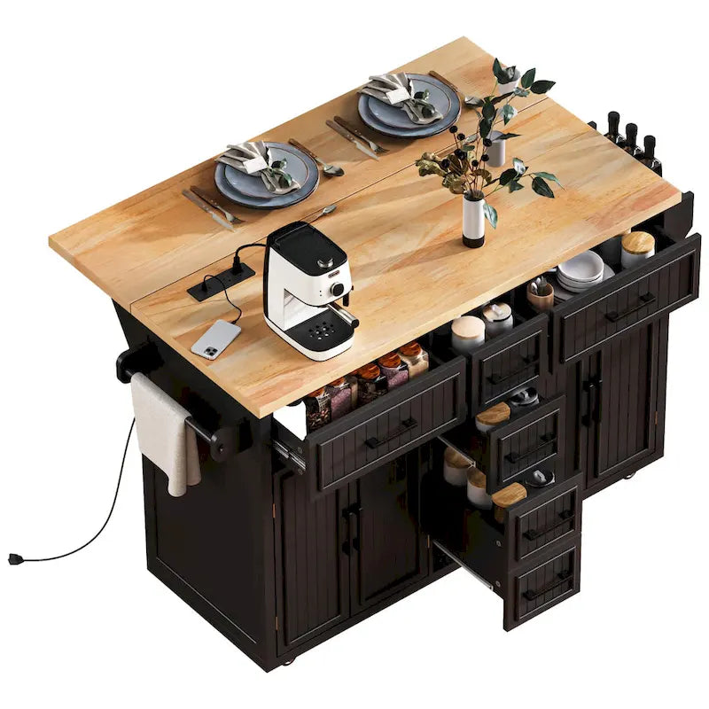 Desserte de cuisine roulante — avec un comptoir rabattable et des prises électriques ; îlot de cuisine de 143,5 cm avec 4 portes d'armoire et 5 tiroirs profonds