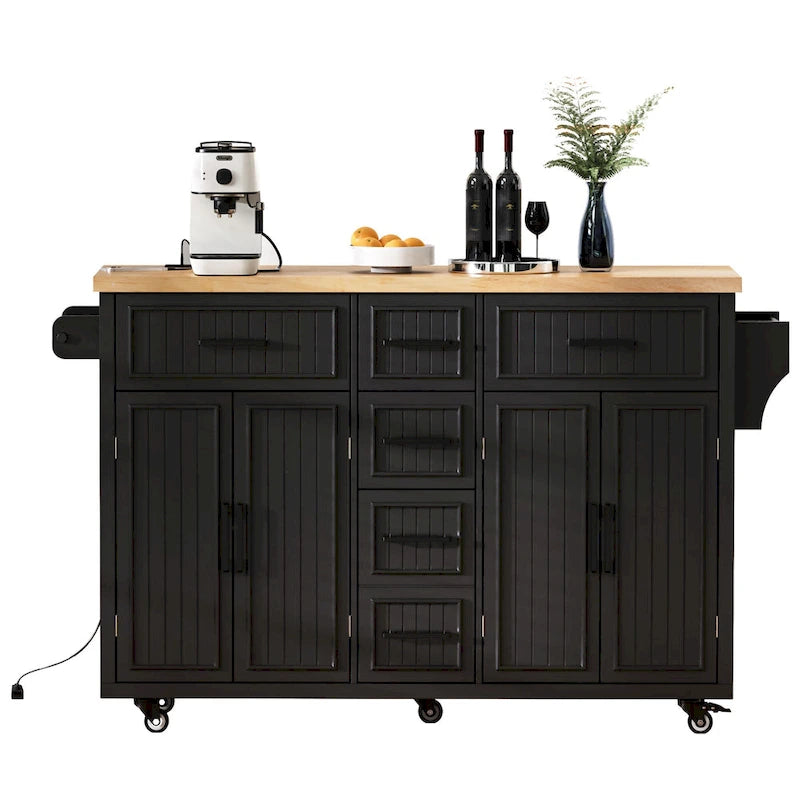 Desserte de cuisine roulante — avec un comptoir rabattable et des prises électriques ; îlot de cuisine de 143,5 cm avec 4 portes d'armoire et 5 tiroirs profonds
