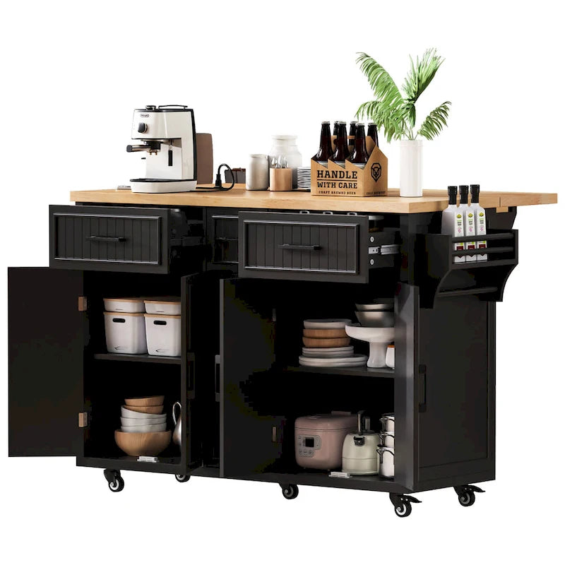 Desserte de cuisine roulante — avec un comptoir rabattable et des prises électriques ; îlot de cuisine de 143,5 cm avec 4 portes d'armoire et 5 tiroirs profonds