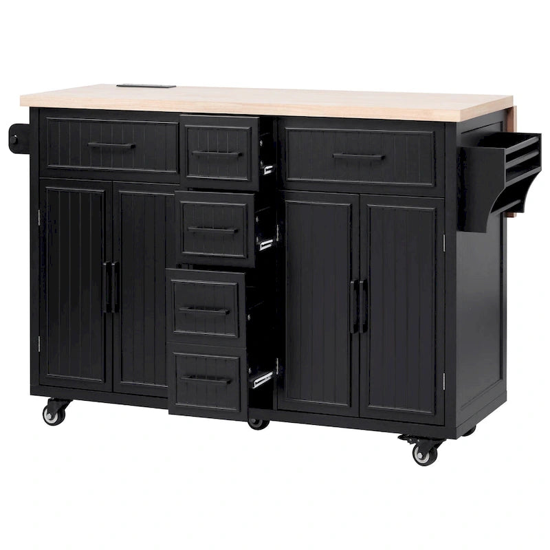 Desserte de cuisine roulante — avec un comptoir rabattable et des prises électriques ; îlot de cuisine de 143,5 cm avec 4 portes d'armoire et 5 tiroirs profonds