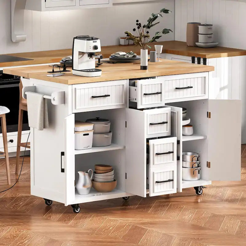 Desserte de cuisine roulante — avec un comptoir rabattable et des prises électriques ; îlot de cuisine de 143,5 cm avec 4 portes d'armoire et 5 tiroirs profonds