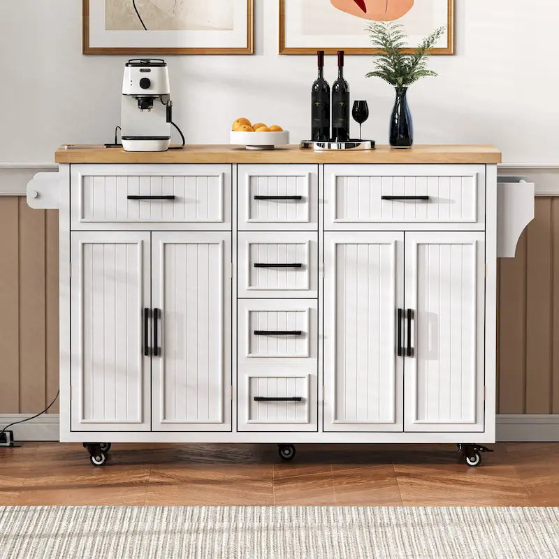 Desserte de cuisine roulante — avec un comptoir rabattable et des prises électriques ; îlot de cuisine de 143,5 cm avec 4 portes d'armoire et 5 tiroirs profonds