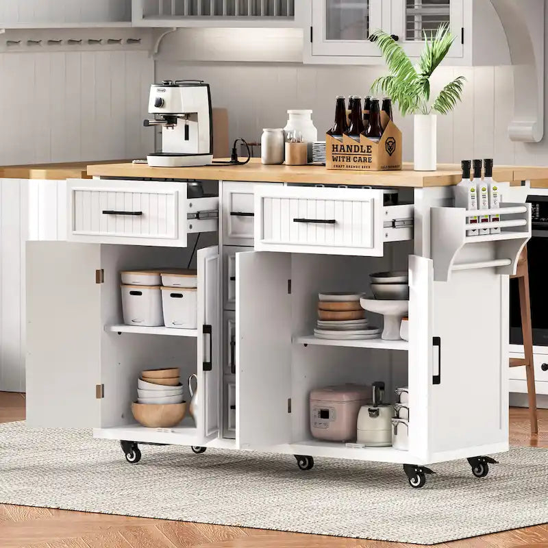Desserte de cuisine roulante — avec un comptoir rabattable et des prises électriques ; îlot de cuisine de 143,5 cm avec 4 portes d'armoire et 5 tiroirs profonds