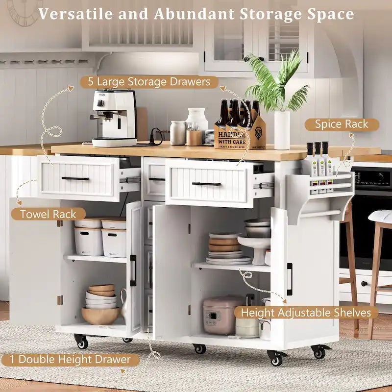 Desserte de cuisine roulante — avec un comptoir rabattable et des prises électriques ; îlot de cuisine de 143,5 cm avec 4 portes d'armoire et 5 tiroirs profonds