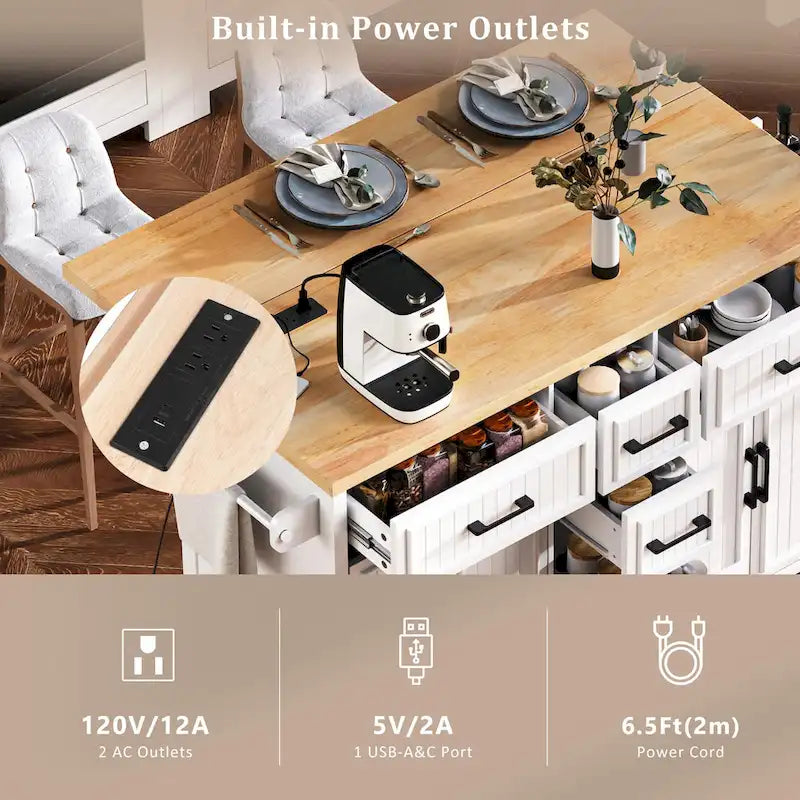 Desserte de cuisine roulante — avec un comptoir rabattable et des prises électriques ; îlot de cuisine de 143,5 cm avec 4 portes d'armoire et 5 tiroirs profonds