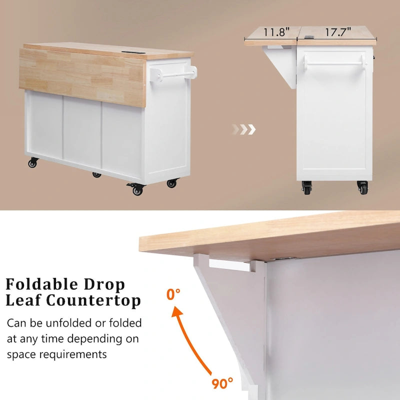 Desserte de cuisine roulante — avec un comptoir rabattable et des prises électriques ; îlot de cuisine de 143,5 cm avec 4 portes d'armoire et 5 tiroirs profonds