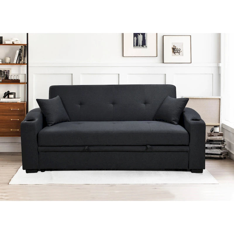 Canapé convertible moderne 3 en 1 avec lit escamotable pratique, dossier inclinable, porte-gobelets, oreillers