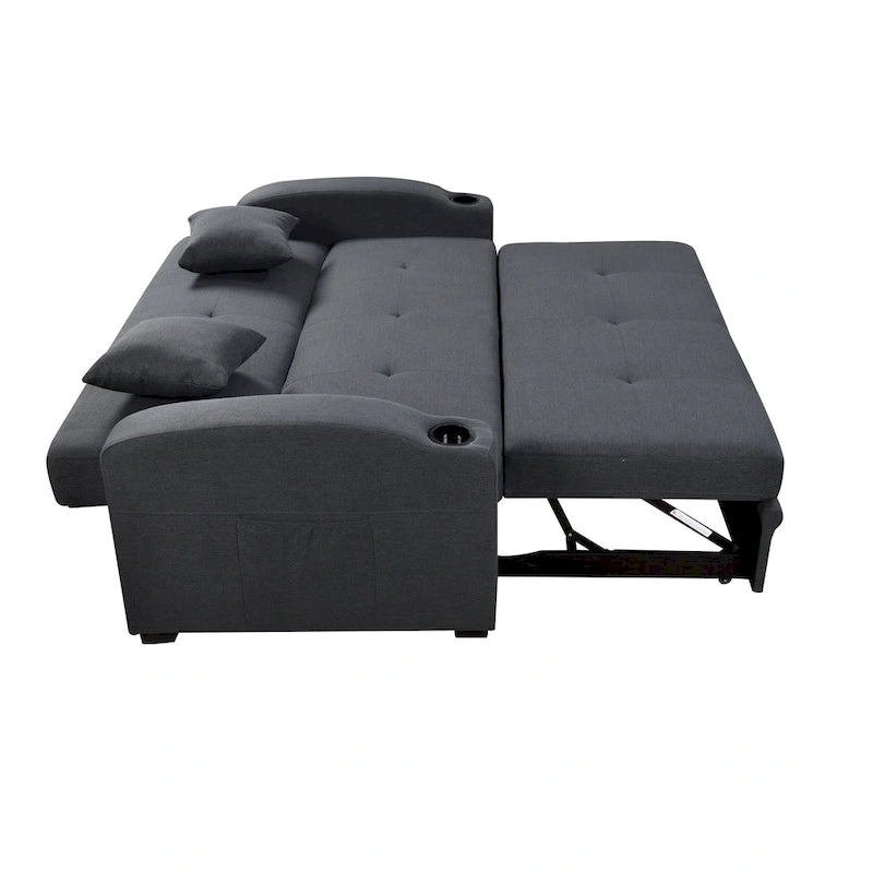 Canapé convertible moderne 3 en 1 avec lit escamotable pratique, dossier inclinable, porte-gobelets, oreillers