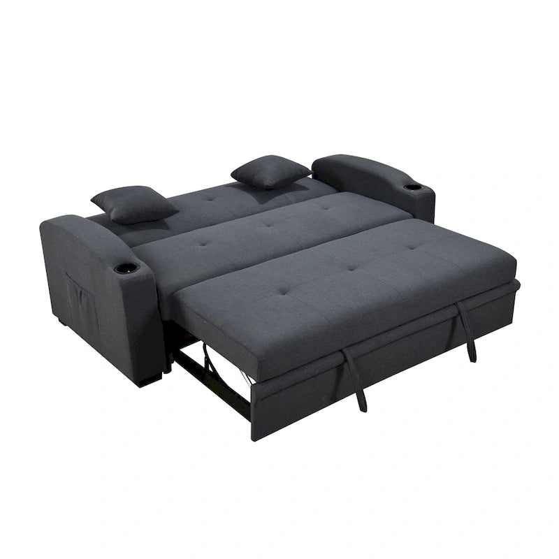 Canapé convertible moderne 3 en 1 avec lit escamotable pratique, dossier inclinable, porte-gobelets, oreillers