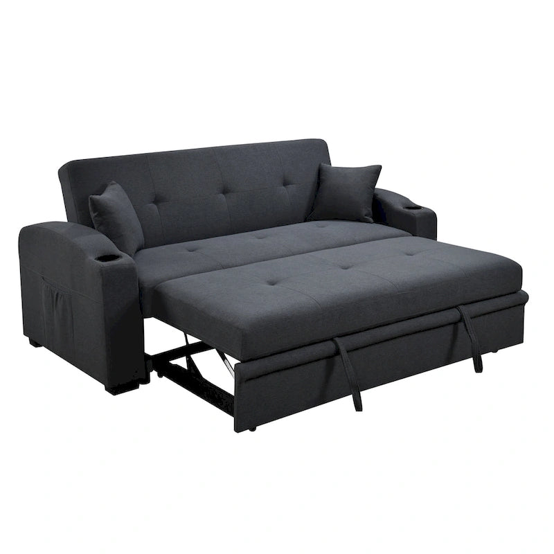 Canapé convertible moderne 3 en 1 avec lit escamotable pratique, dossier inclinable, porte-gobelets, oreillers