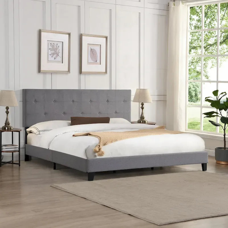 Lit plateforme rembourré en lin gris, grand format, avec tête de lit capitonnée, support robuste en lattes de bois – Aucun sommier tapissier requis