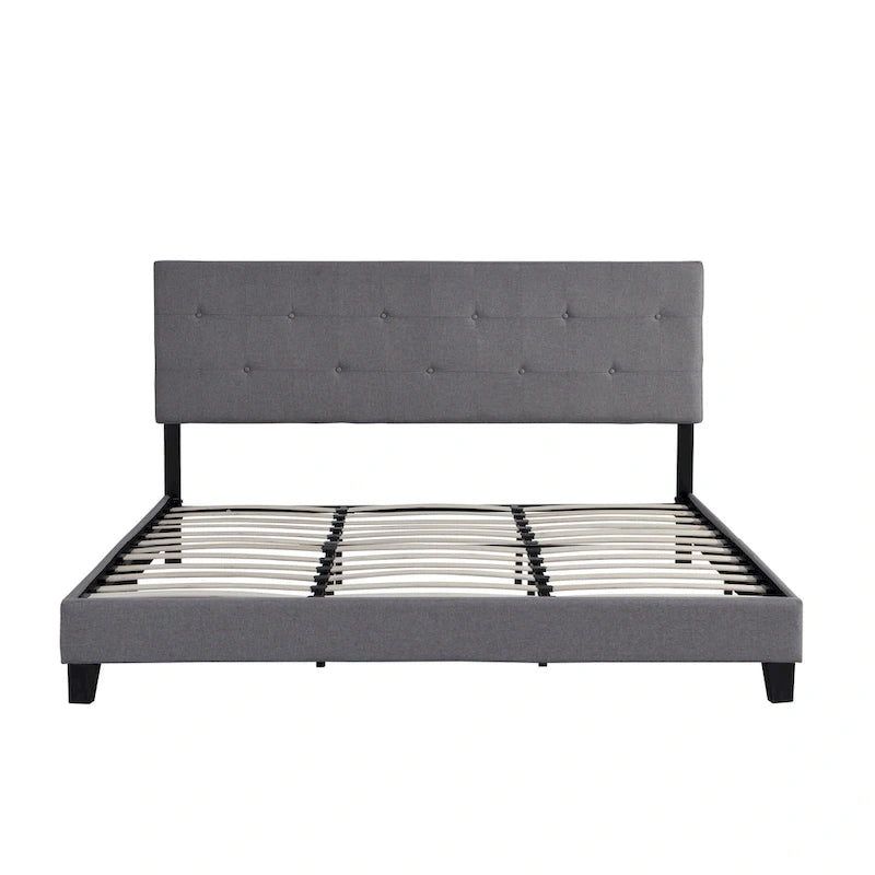 Lit plateforme rembourré en lin gris, grand format, avec tête de lit capitonnée, support robuste en lattes de bois – Aucun sommier tapissier requis