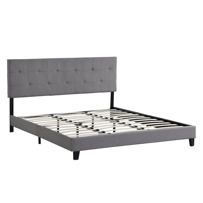Lit plateforme rembourré en lin gris, grand format, avec tête de lit capitonnée, support robuste en lattes de bois – Aucun sommier tapissier requis