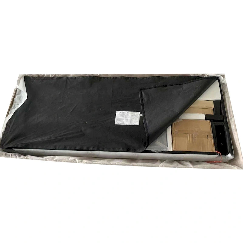 Lit plateforme rembourré en lin gris, grand format, avec tête de lit capitonnée, support robuste en lattes de bois – Aucun sommier tapissier requis