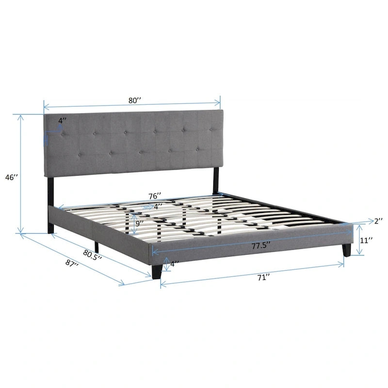 Lit plateforme rembourré en lin gris, grand format, avec tête de lit capitonnée, support robuste en lattes de bois – Aucun sommier tapissier requis