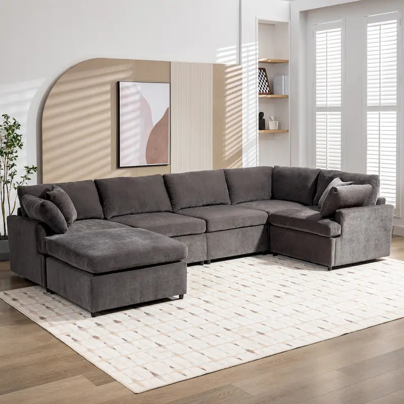 Canapé d'angle en U 6 places avec poufs et oreillers amovibles, configuration flexible