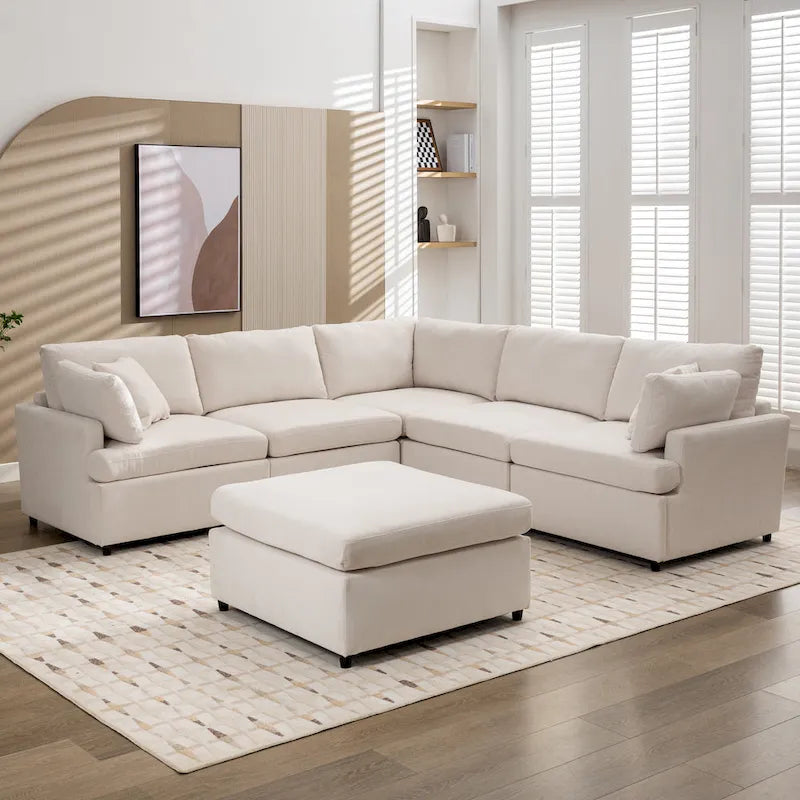 Canapé d'angle en U 6 places avec poufs et oreillers amovibles, configuration flexible
