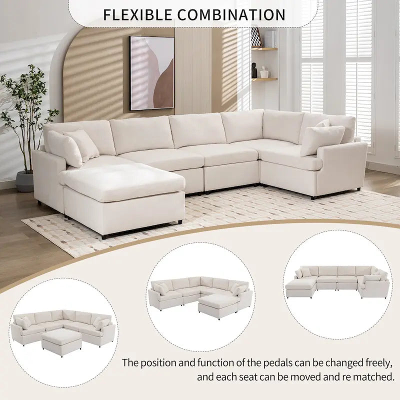 Canapé d'angle en U 6 places avec poufs et oreillers amovibles, configuration flexible