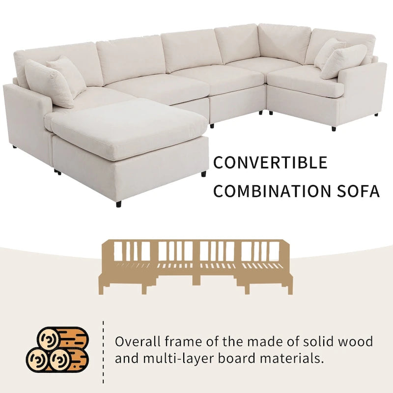 Canapé d'angle en U 6 places avec poufs et oreillers amovibles, configuration flexible