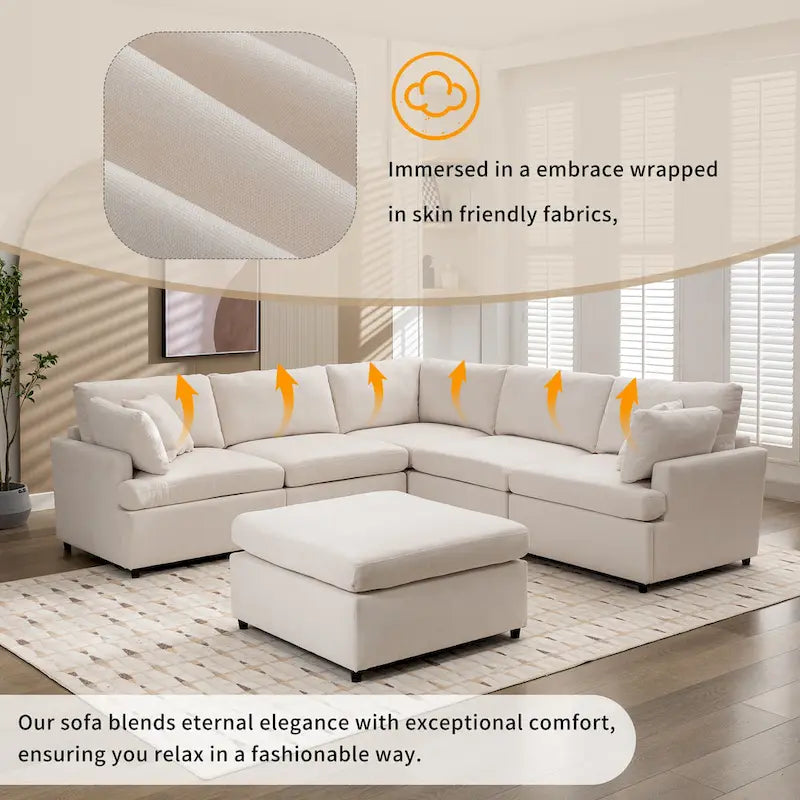Canapé d'angle en U 6 places avec poufs et oreillers amovibles, configuration flexible