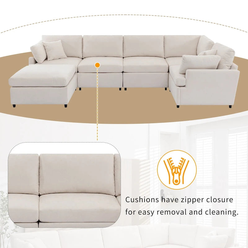 Canapé d'angle en U 6 places avec poufs et oreillers amovibles, configuration flexible
