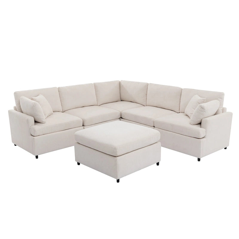 Canapé d'angle en U 6 places avec poufs et oreillers amovibles, configuration flexible