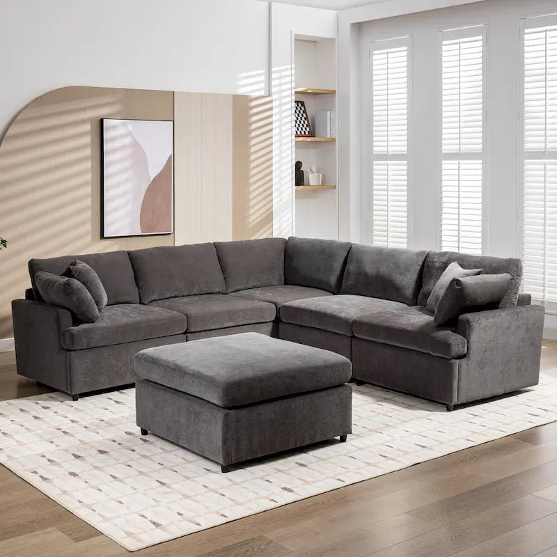 Canapé d'angle en U 6 places avec poufs et oreillers amovibles, configuration flexible