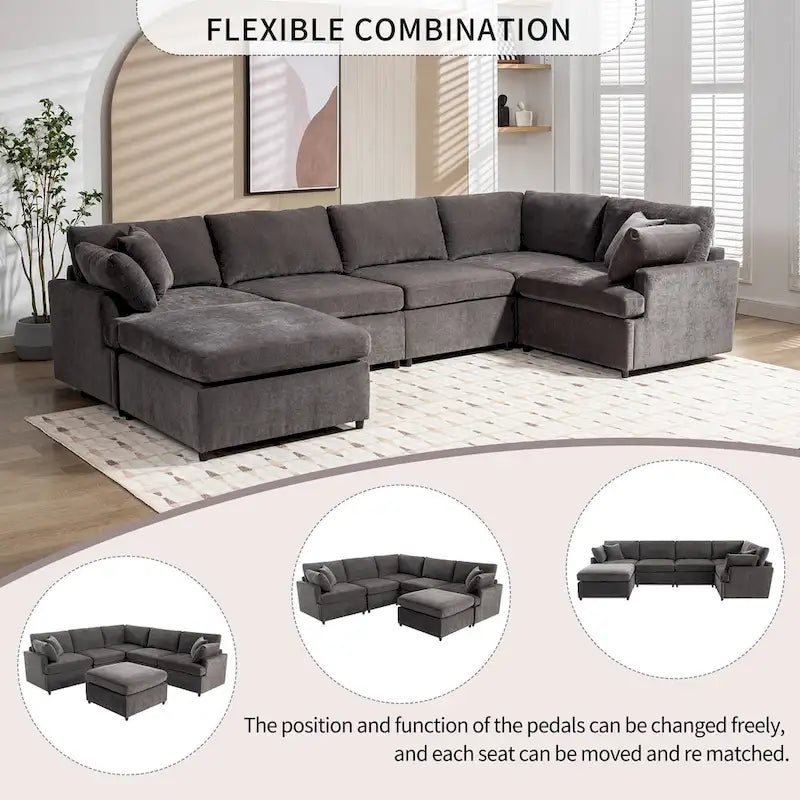 Canapé d'angle en U 6 places avec poufs et oreillers amovibles, configuration flexible