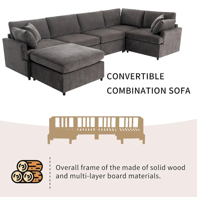 Canapé d'angle en U 6 places avec poufs et oreillers amovibles, configuration flexible