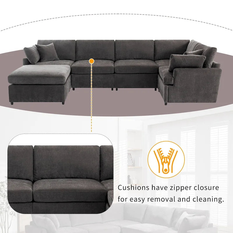Canapé d'angle en U 6 places avec poufs et oreillers amovibles, configuration flexible