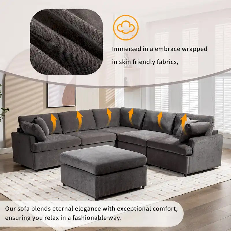 Canapé d'angle en U 6 places avec poufs et oreillers amovibles, configuration flexible