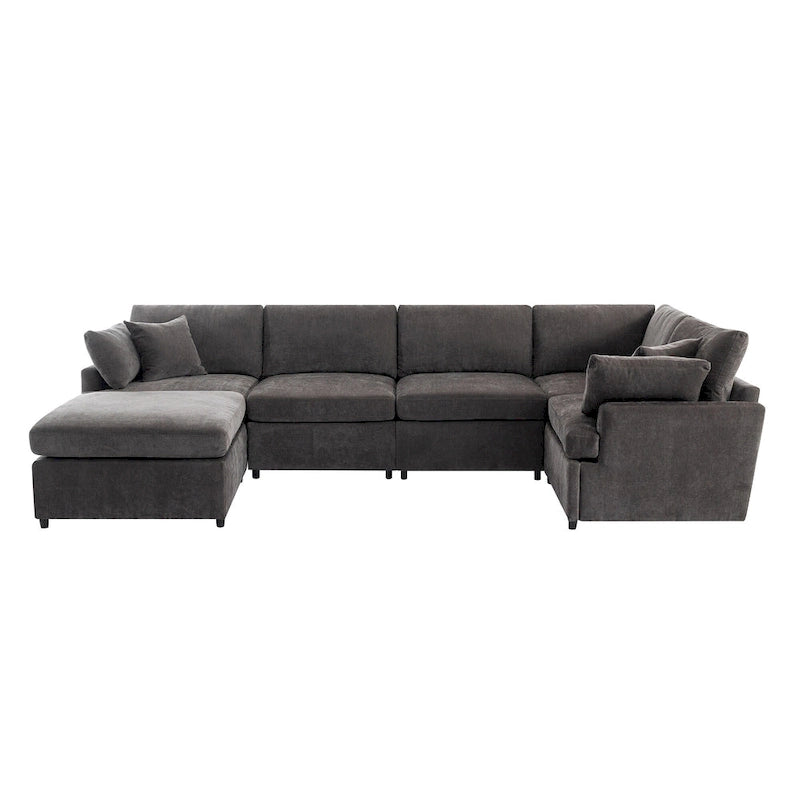 Canapé d'angle en U 6 places avec poufs et oreillers amovibles, configuration flexible