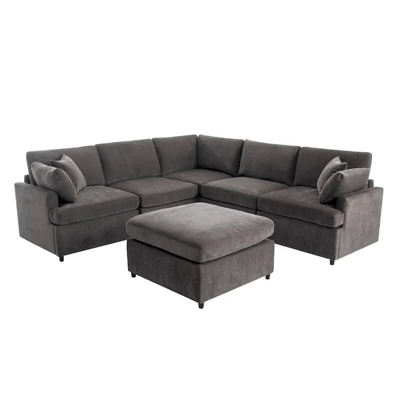 Canapé d'angle en U 6 places avec poufs et oreillers amovibles, configuration flexible