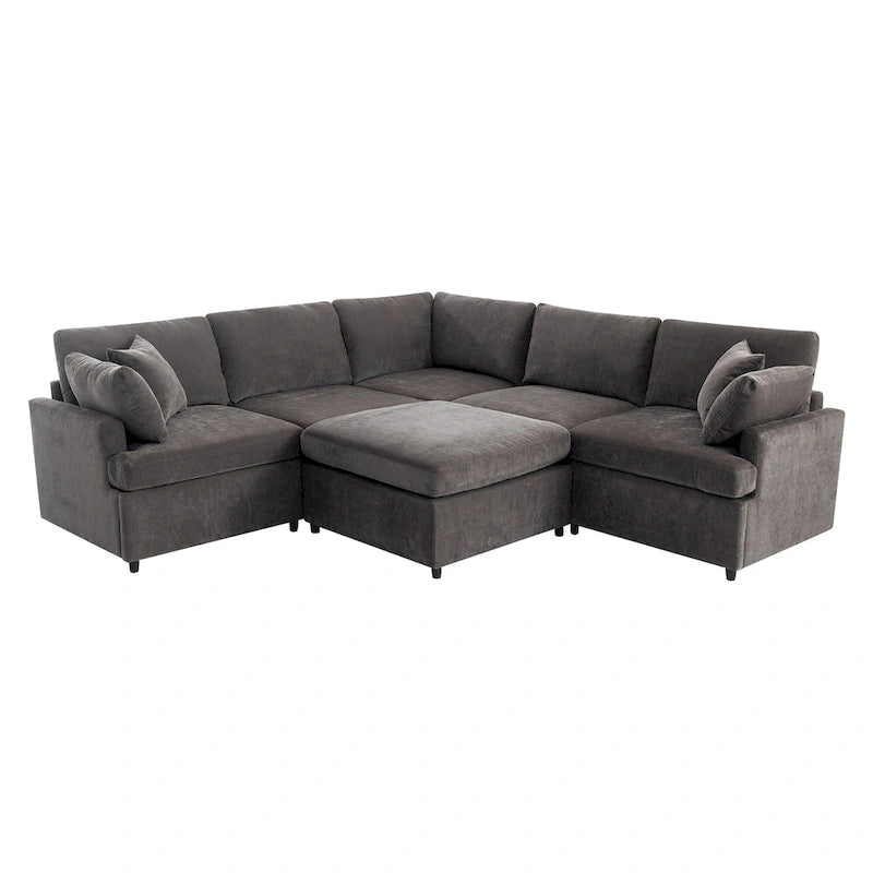Canapé d'angle en U 6 places avec poufs et oreillers amovibles, configuration flexible